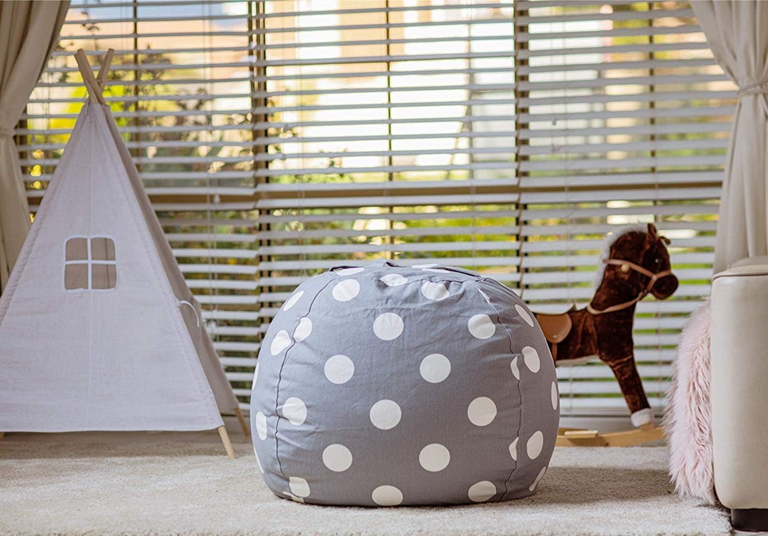 WEKAPO Stuffed Animal Storage Bean Bag Chair Cover for Kids | Stuffable Zipper Beanbag for Organizing Children Plush Toys Large Premium Cotton Canvas (Gray Dot, X-Large)