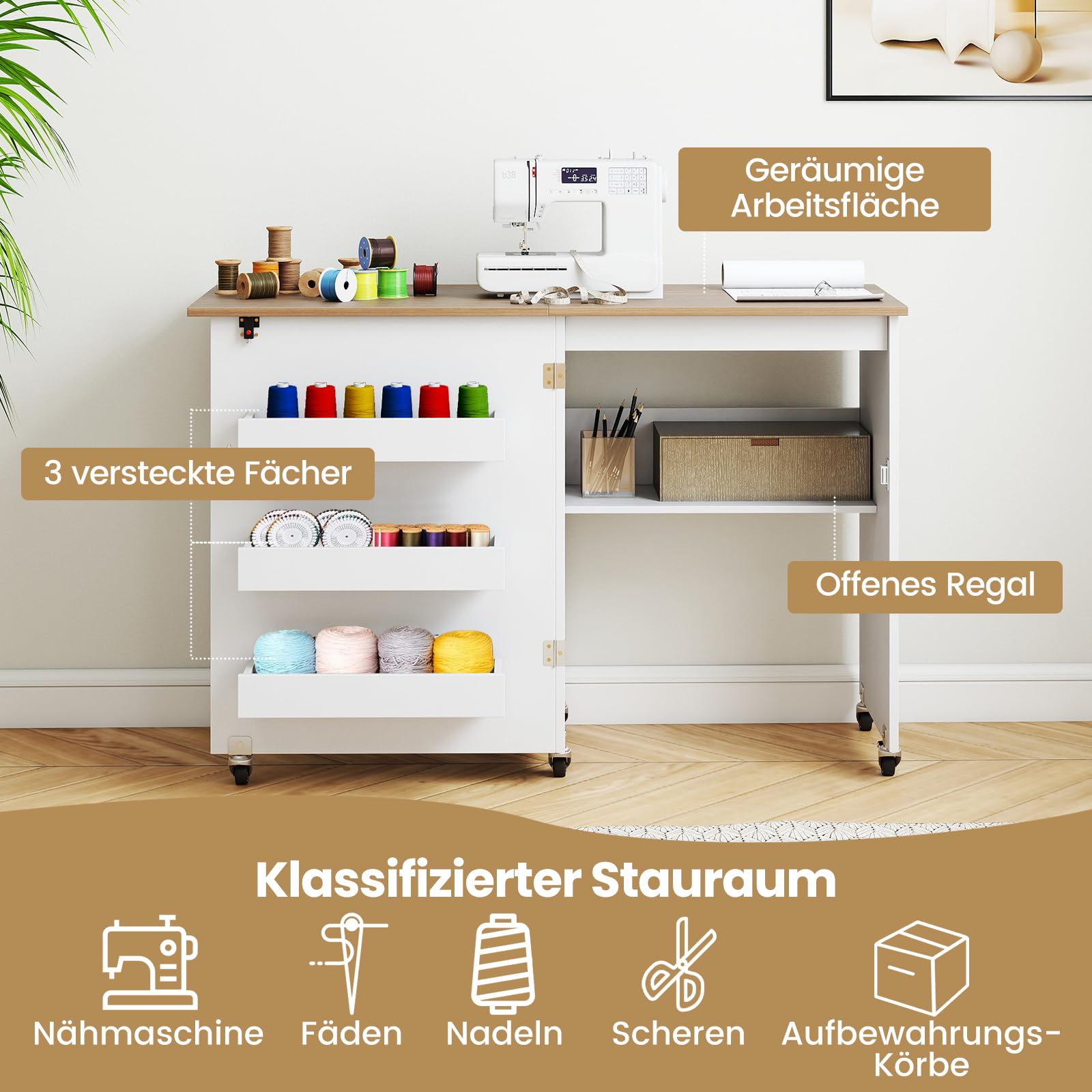 COSTWAY 2 in 1 Nähtisch klappbar, Nähmaschinenschrank aus Holz mit Regalen & Ablagefach, Nähschrank mit abschließbaren Rädern, Nähmaschinentisch Basteltisch für Wohnzimmer, Schlafzimmer (Weiß+Natur)