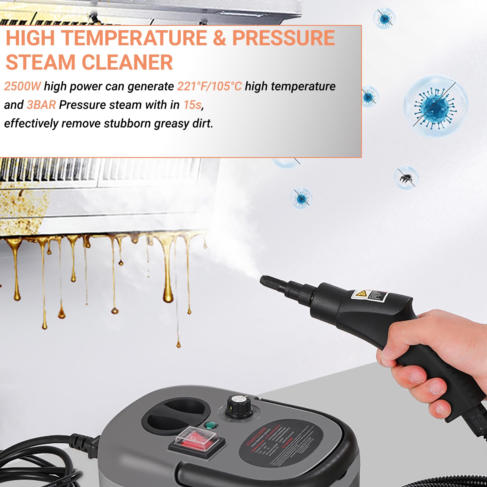Nettoyer à Vapeur Portable 2500W, Nettoyeur Vapeur Haute Température et Haute Pression avec 9 Accessoires, Réservoir 1200 ML, 6 Niveaux de Vapeur pour Cuisine, Sol, Canapé, Carrelage et Voiture