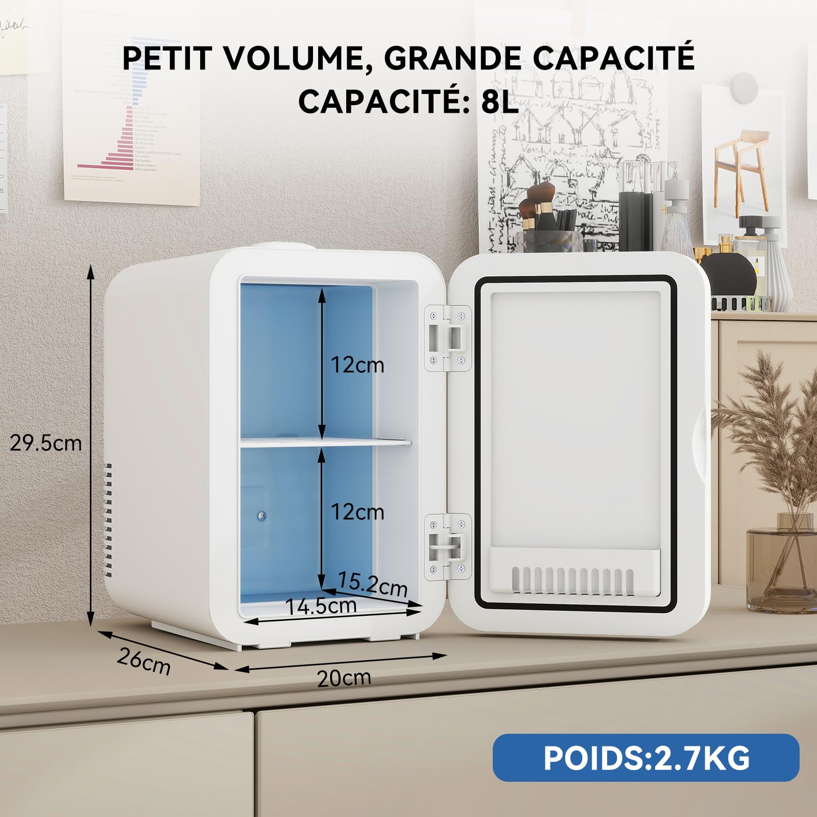 YU YUSING Mini Frigo Cosmetique 8L avec Miroir LED, Mini Réfrigérateurs Portable, Petit Frigo de Chambre 12V/220V avec Fonction Chaud/Froid, Miroir de Maquillage Led pour voitures, Blanc