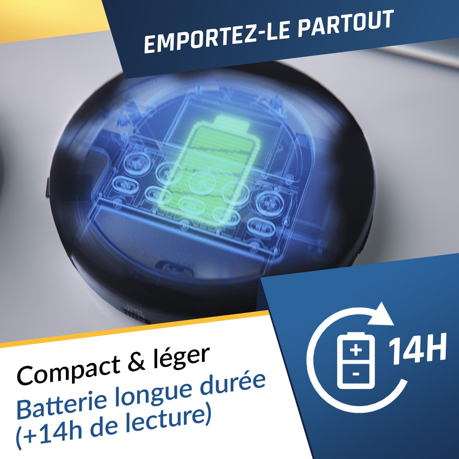 KLIM Nomad - Nouveauté - Lecteur CD Portable - Batterie Intégrée Longue Durée - avec Écouteurs - Compatible CD-R, CD-RW, MP3 - Bluetooth Baladeur Lecteur CD pour Voiture, Maison, Extérieur - Or