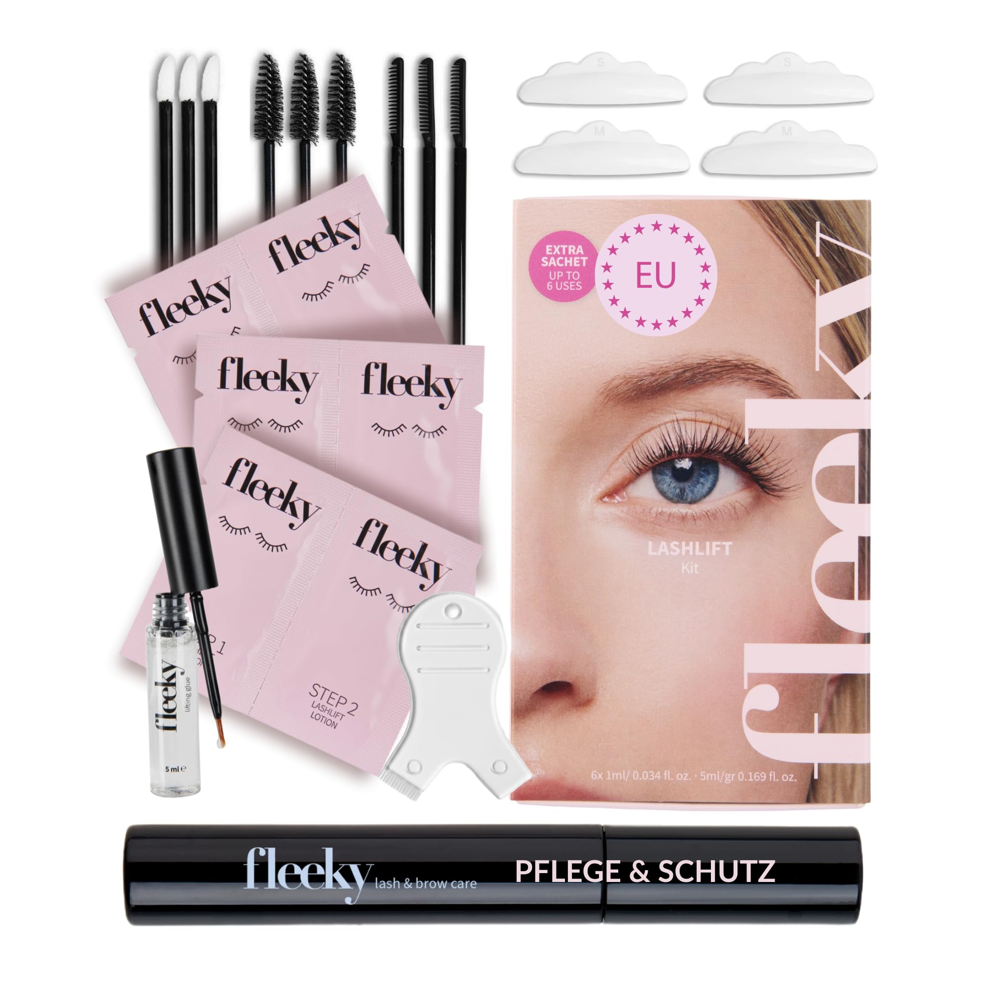 Fleeky Lash Lifting Set Bundle + Fleeky Lash & Brow Care – Wimpernserum ohne Hormone für Wimpern & Augenbrauen - für bis zu 6 Wochen ausdrucksvollen Schwung
