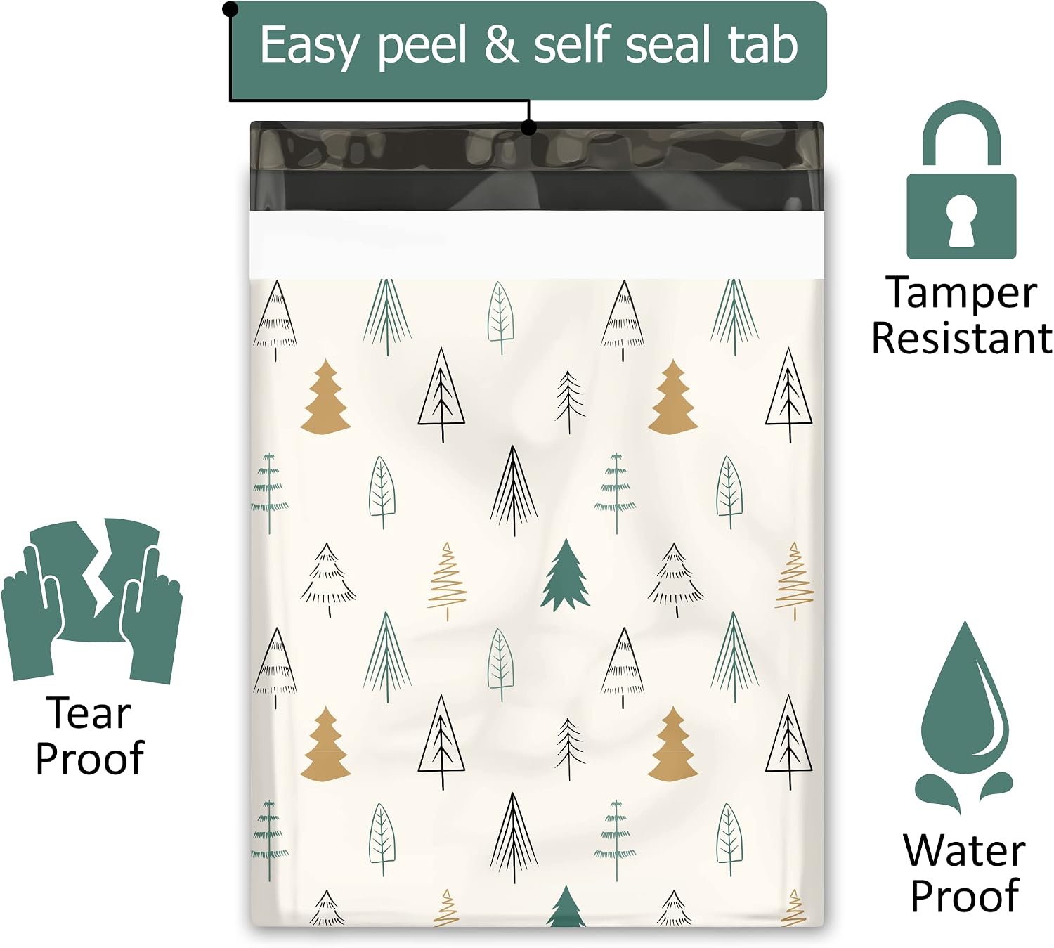 12x15 (50) Christmas Tree Fir Trees Designer Winter Poly Mailers Self Sealing Waterproof Shipping Envelopes Holiday Premium Printed Bags For Small Businesses