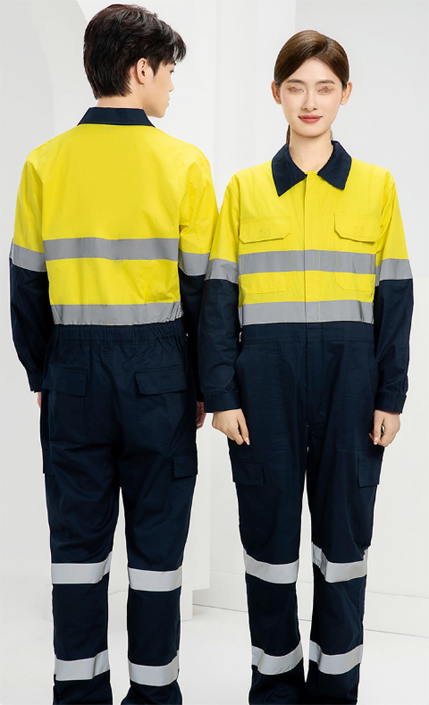Mono de Manga Larga Mono de Trabajo de algodón Hombres Trabajo Utilitario y de Seguridad Mono con Bolsillos Laterales multifuncionales con Cinta Reflectante y Cremallera