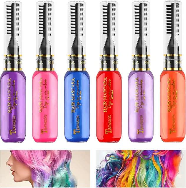 6 Colors Temporary Hair Mascara - Färgbomb Hår for Girls & Women, Washable Rainbow Hair Chalk