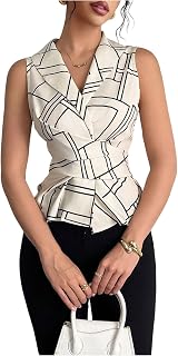 Women's Geometric Print Blouse Collar V Neck Wrap Tie Back Sleeveless Work Office Shirts