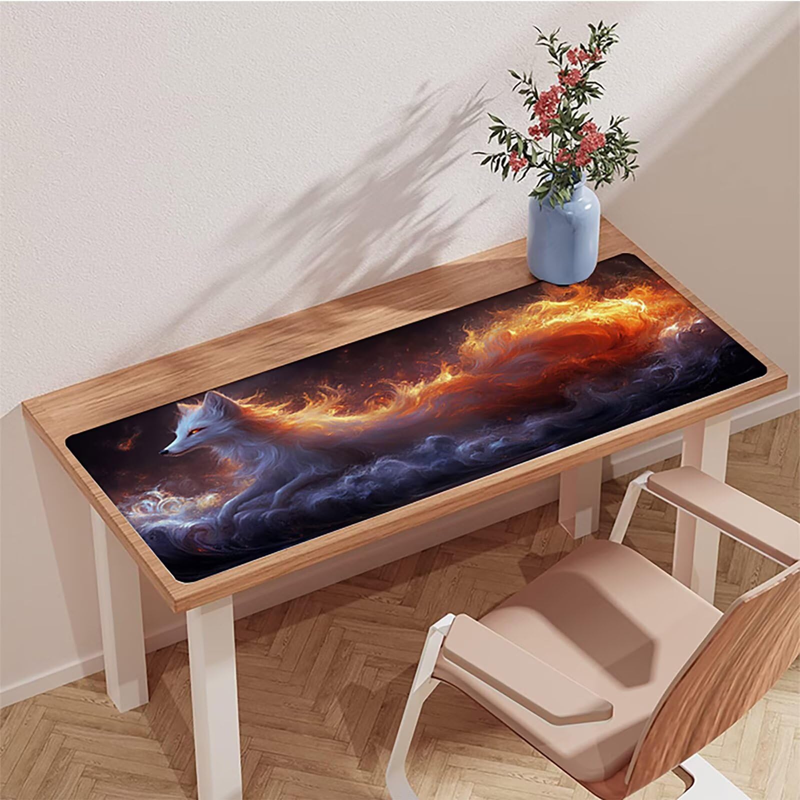 Podkładka pod mysz z lisem, zwierzę pod ręką biurko 1200 x 600 x 3 mm, podkładka pod mysz XXL do gier z gumową podstawą, akcesoria biurowe, podkładka pod mysz ze szwami na krawędziach, duża klawiatura