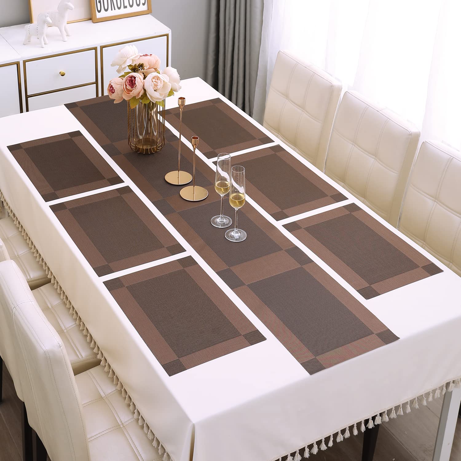 HOKIPO Washable Dining Table Mat 6 Pieces with Runner (AR4237, Polyvinyl Chloride)