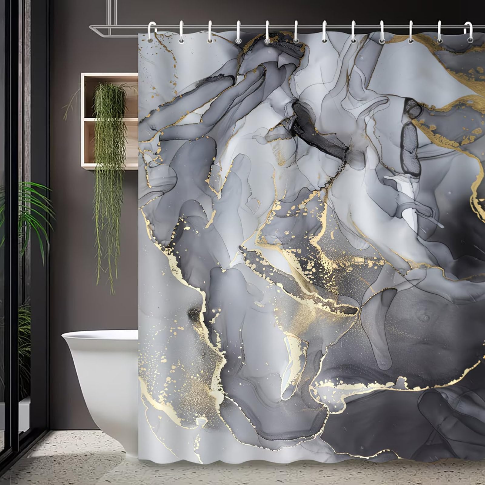 Shower Curtains Grey Marble Gold Wet Room Shower Curtain Mould Proof Resistant Waterproof Polyster Fabric Washable with 12 Hooks Garden Bathroom Curtains (180x200cm)