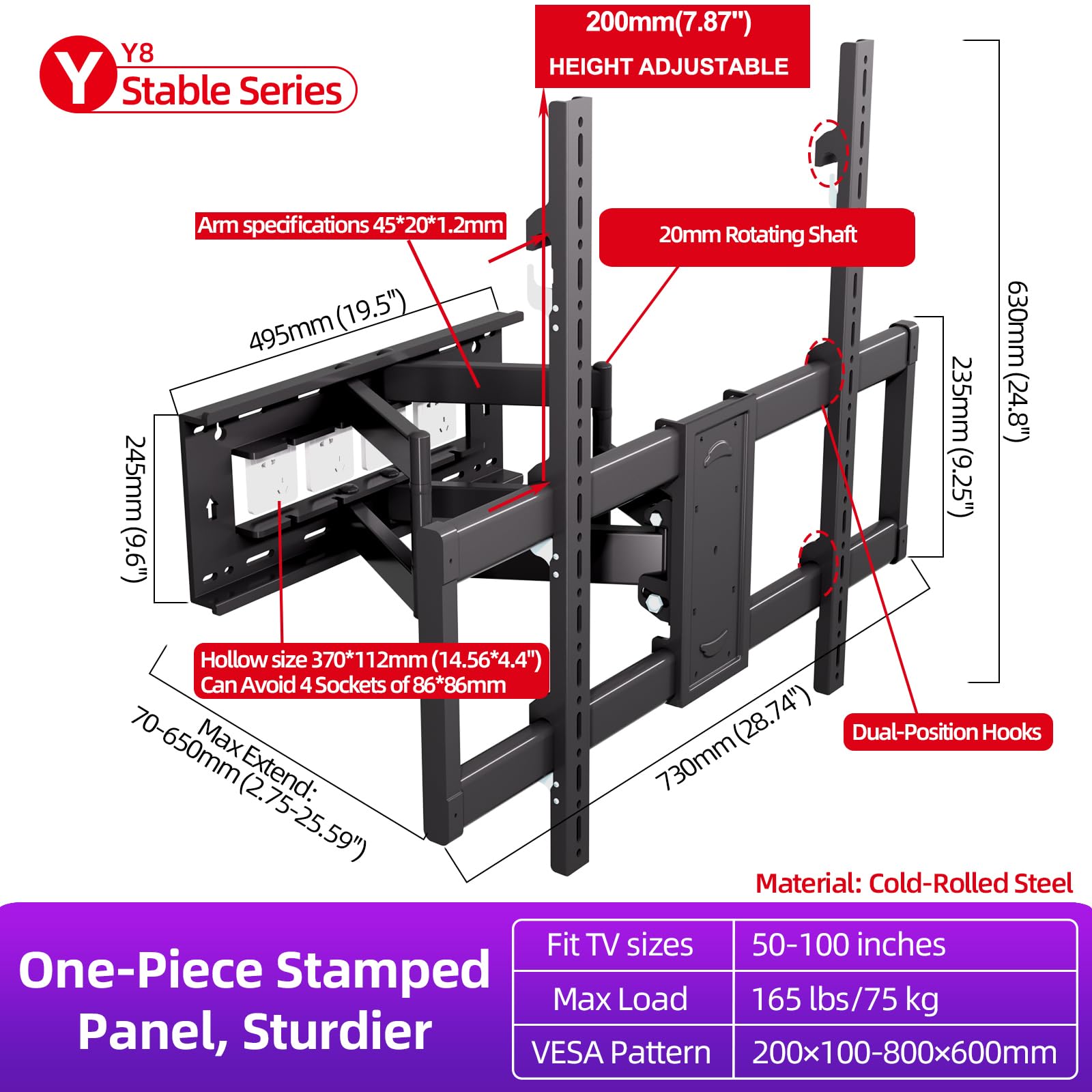 Supporto TV Parete per 50-100 Pollici fino a 75kg, Doppio Braccio Staffa TV Girevole Inclinazione Estensibile Movimento Completo Braccio Televisore Regolazione Altezza Gancio Max VESA 800x600
