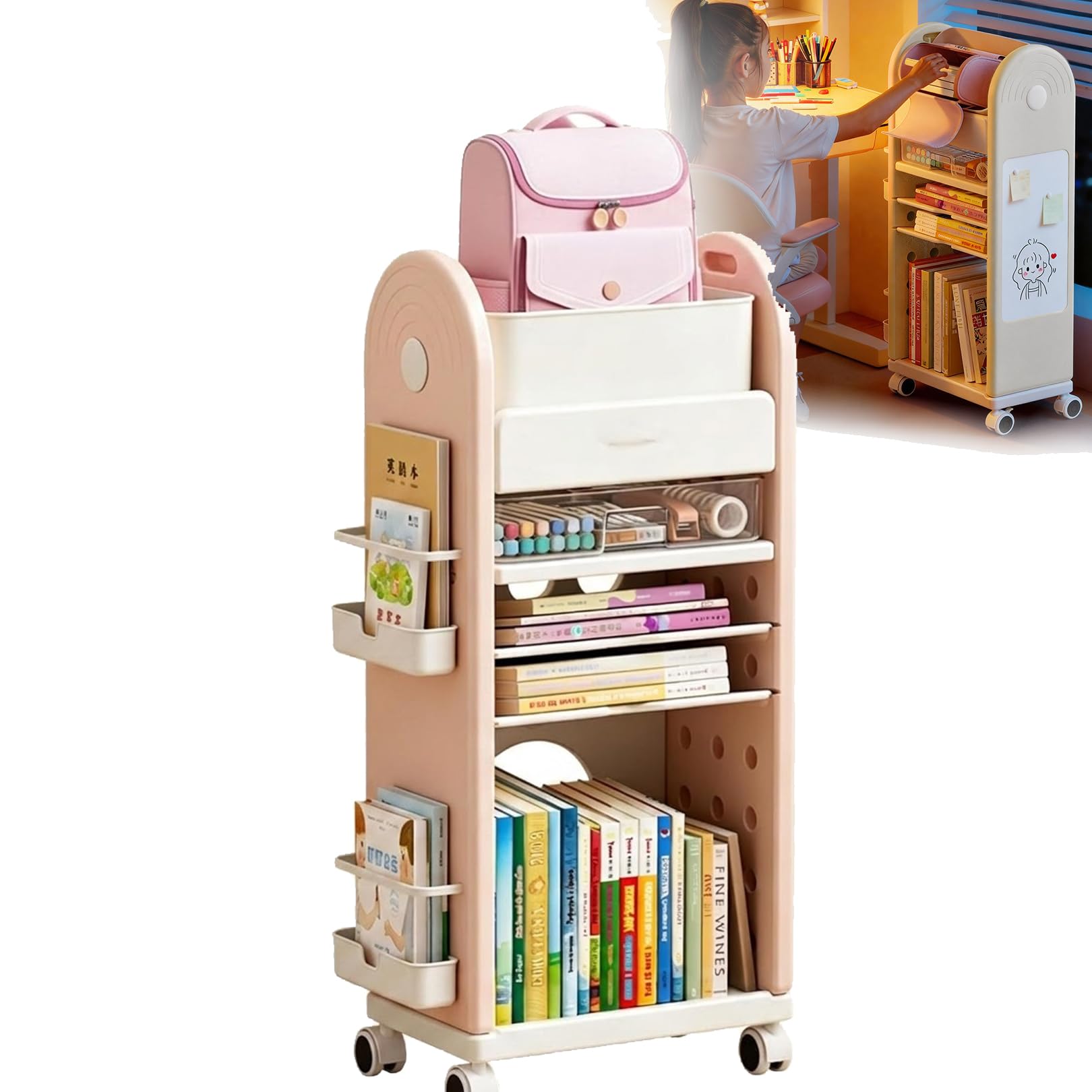 Home Bookcase Multifunctional 3Tier 5 Tier Bookshelf Organizer, Utility Cart with Lockable Casters, Narrow Rolling Storage Cart for Living Room, Bedroom, Kitchen (pink,5tier)