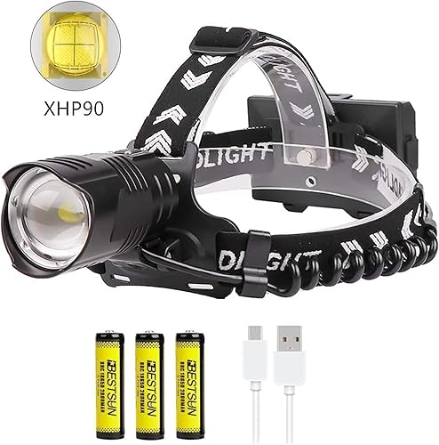 Miniatura 2 de Linterna de cabeza LED súper brillante de 20000 lúmenes, recargable, de alta potencia XHP90.2, con zoom, 3 modos, linterna frontal impermeable con