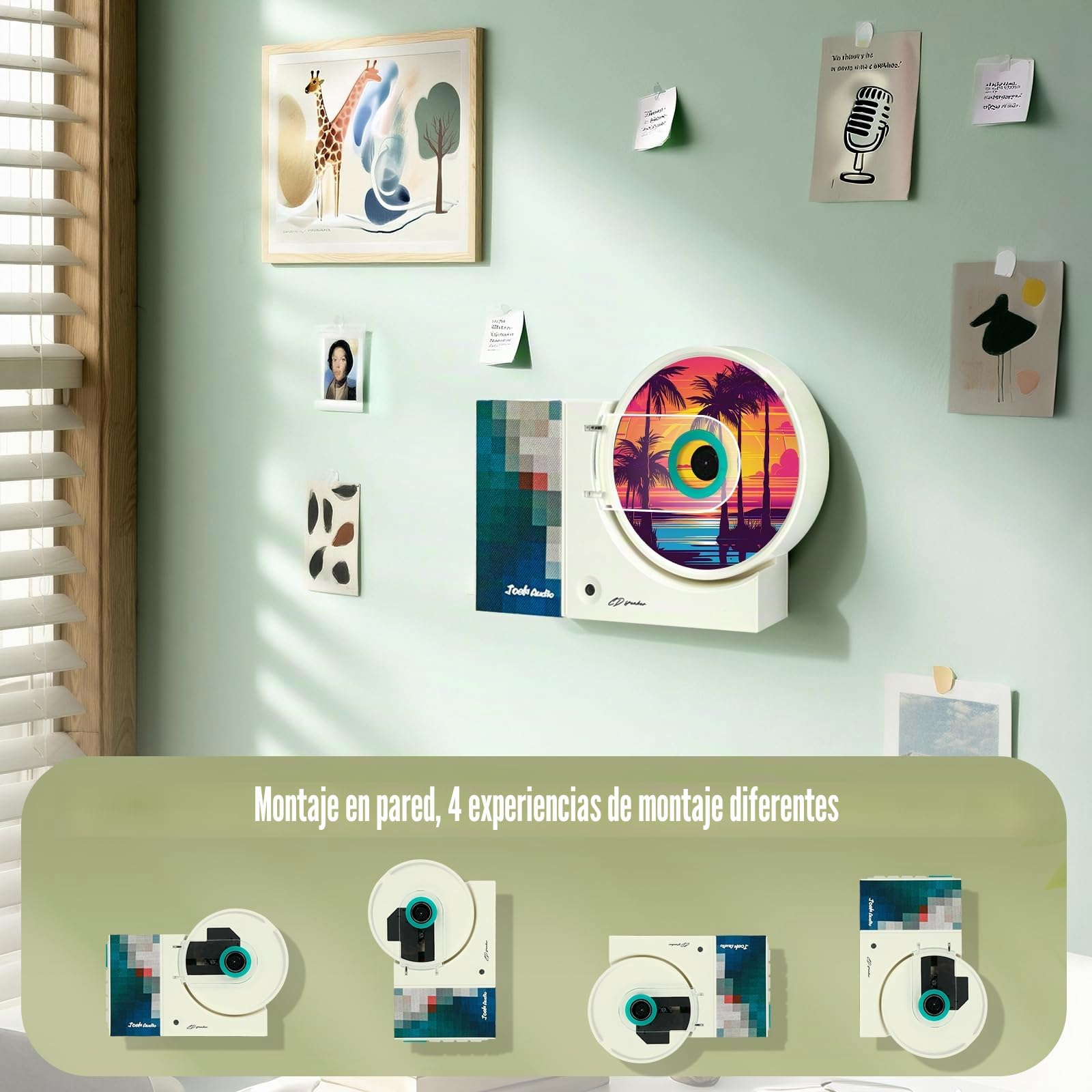 Reproductor de música retro de CD para montaje en pared, USB, Bluetooth, entrada AUX, altavoz de audio para el hogar, 4000 mAh, con control remoto para decoración del hogar (verde)