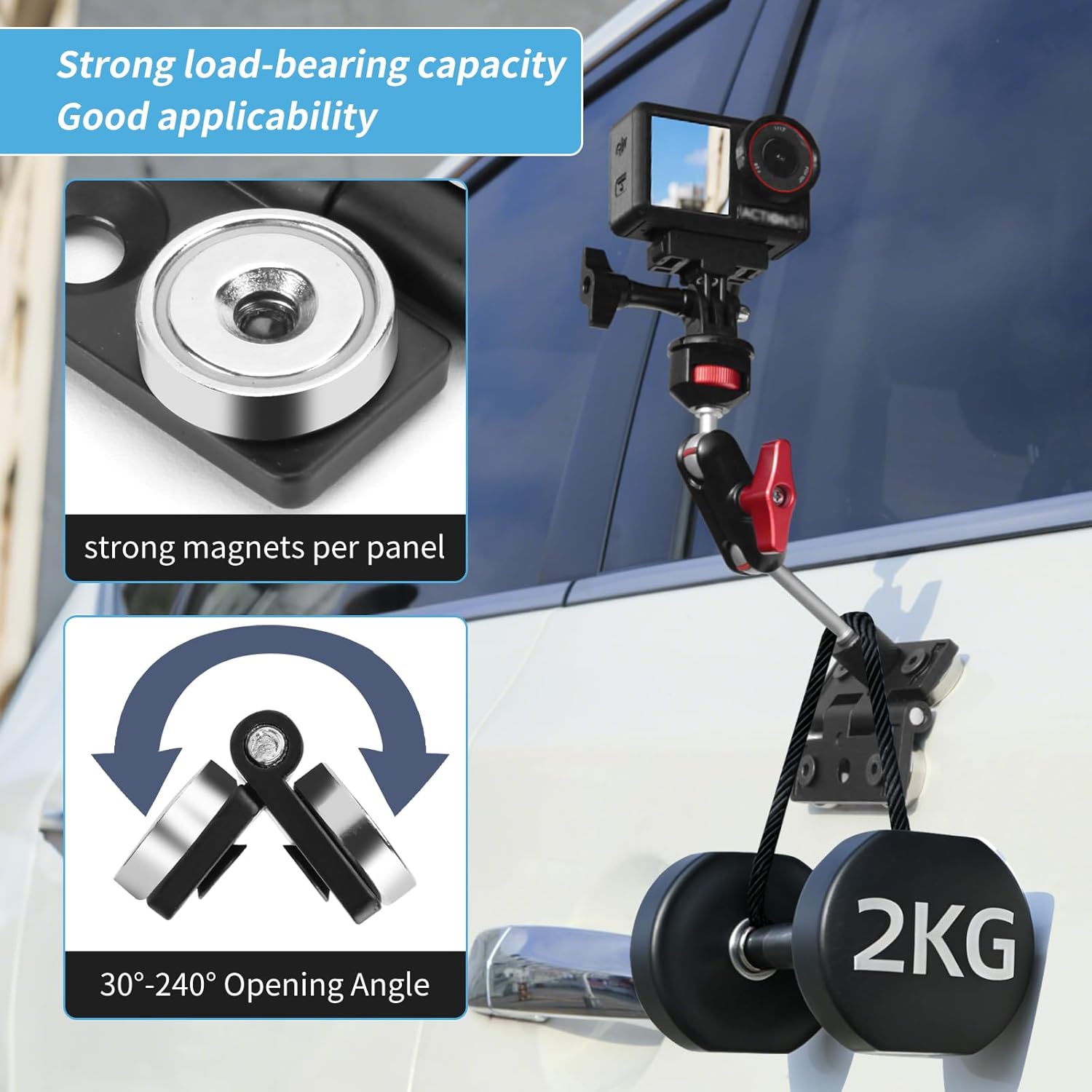 fantaseal 4lbs-Load Strong Magnetic Hinge Phone Action Camera Car Mount Holder Steel Pillars Vlogging Kit w/Adjustable Dual Ball Head Magic Arm for GoPro Insta360 DJI OSMO iPhone Video Recording