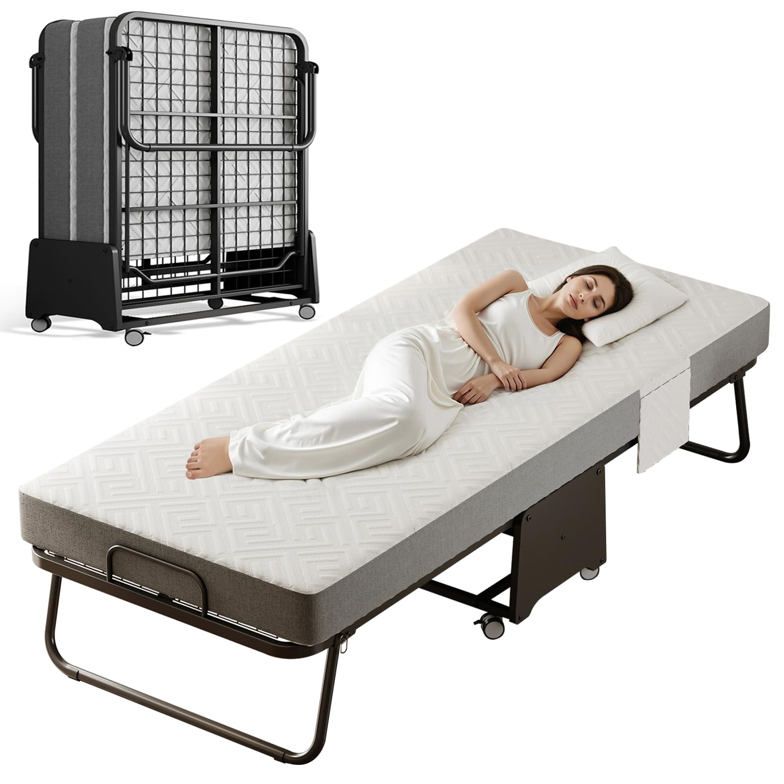 IMBSRBED Deluxe Folding Bed with 5-inch Memory Foam Mattress on Rollers