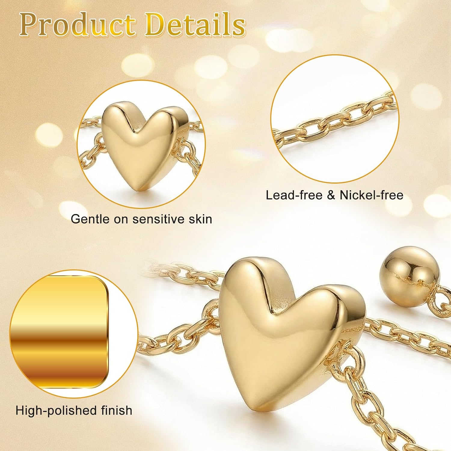 Gold Heart Bracelet for Women – 14K Gold Plated Adjustable Heart Charm Bracelet Set, Matching Love Friendship Bracelets for Couples Best Friends, for Valentines Day Jewelry Gift (Gold, 2pcs)
