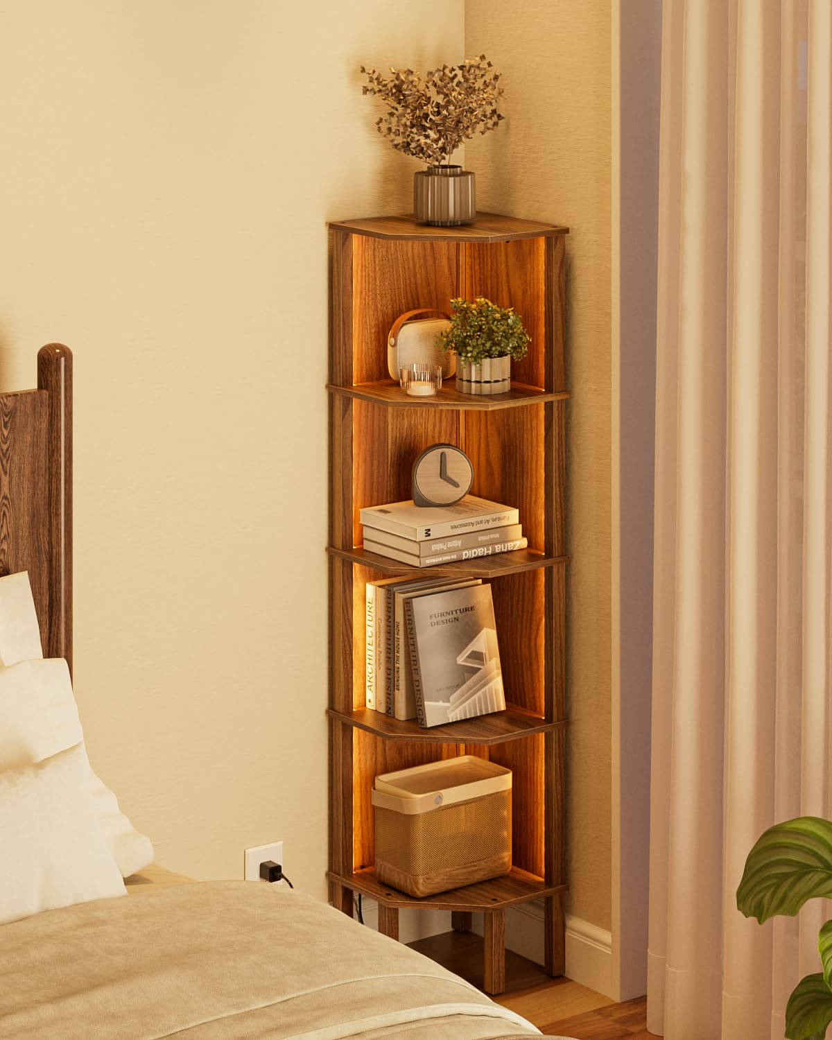 Apetaccat Corner Shelf with LED Light, 4 Tier Modern Corner Bookshelf, Display Storage Rack for Living Room, Bedroom, Office, Walnut