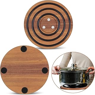 2 Pcs Magnetic Wooden Trivets for Hot Dishes Heat Resistant Wood Trivet Nonslip Magnetic Pot Holder Stand Pad 8 Inch Round Kitchen Hot Pads with Black Silicone Rings for Counter Table Pan