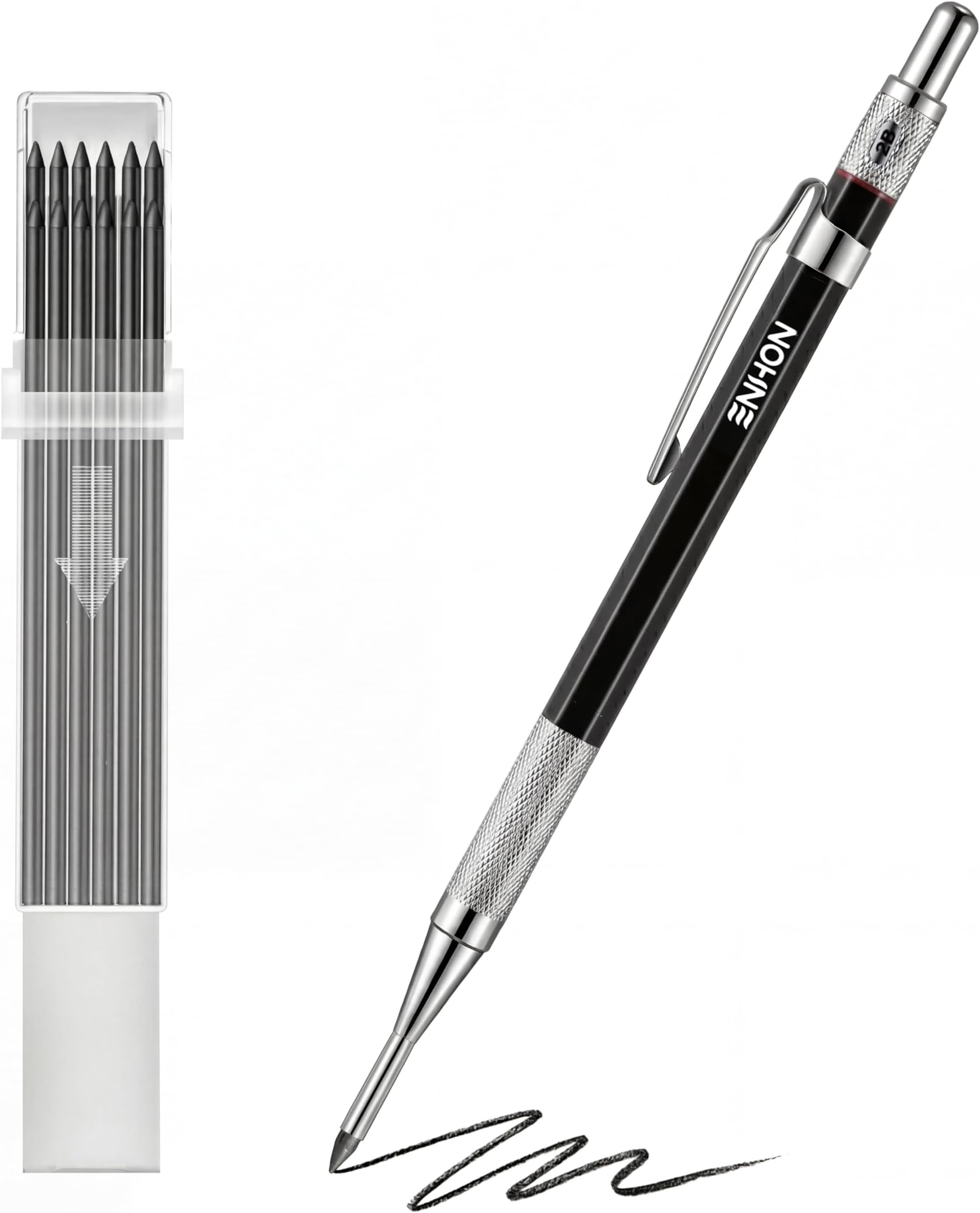 Enhon 2mm Mechanical Carpenter Pencil Set with 12 Marker Refills and Sharpener, Woodworking Marking Tool Solid Deep Hole Construction Pencil, Extended Needle-Nose Tip for Use in Jobs (Black)