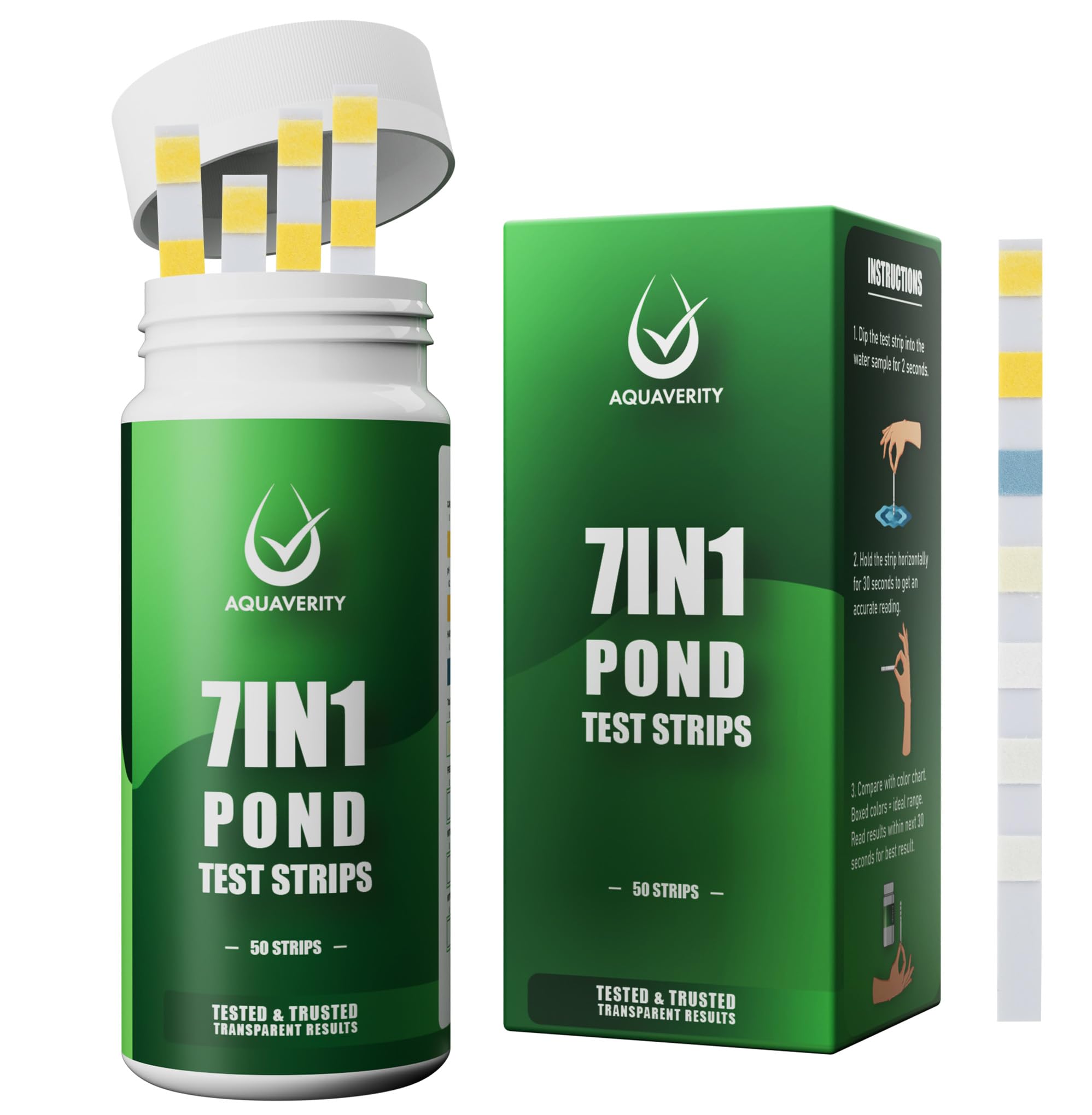 Bandelettes de test 7 en 1 pour bassin – Kit de test précis pour le pH, les nitrates, les nitrites, les carbonates, la dureté, le chlore total et libre – Pour bassins – 50 bandelettes