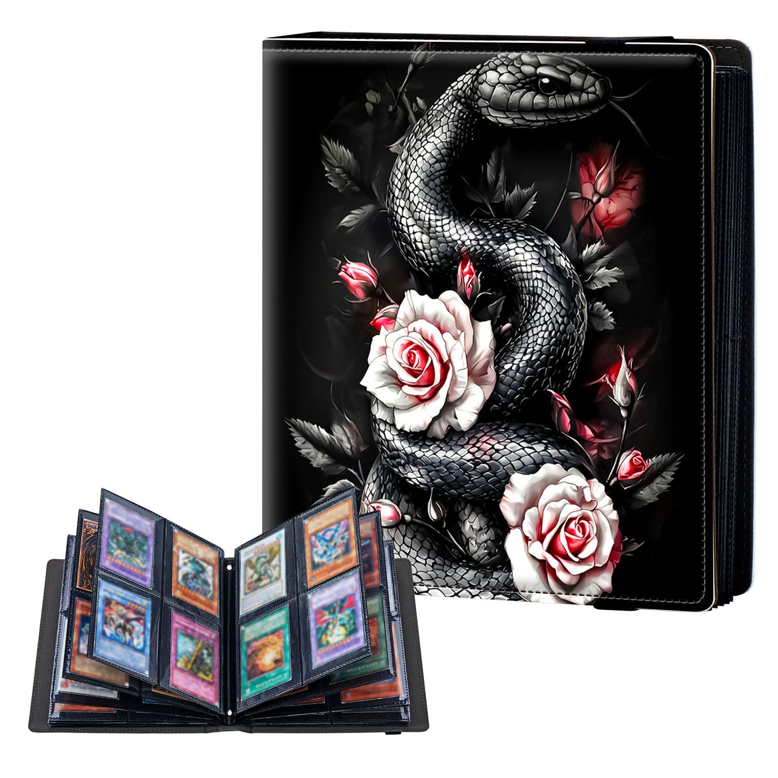 ETLKJVBL 4 Pocket Trading Card Binder, Card Collection Binder for TCG, MTG, Sports Cards, Baseball, Black Snake and Roses Trading Card Book Holder for Collectors, Top Loader Binder