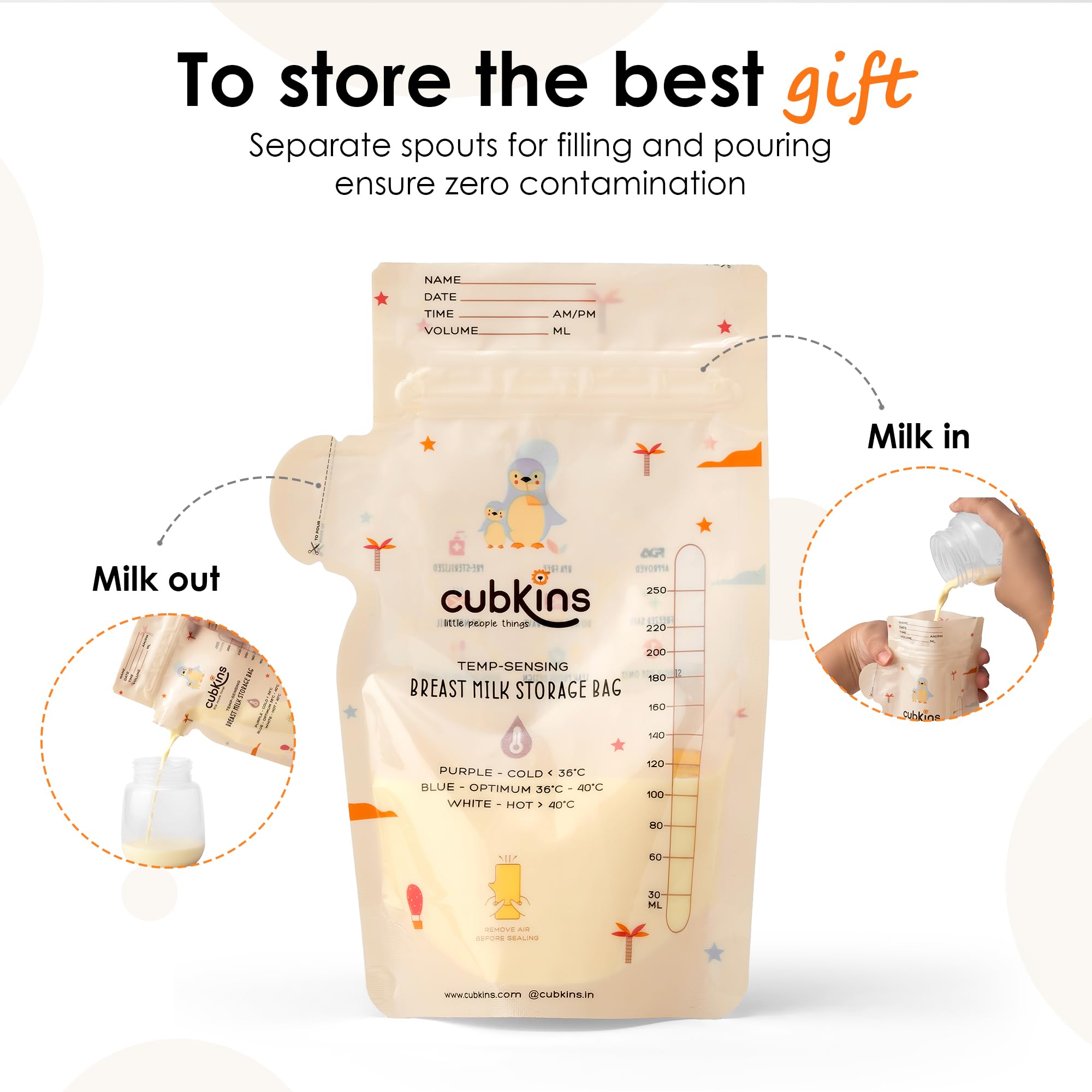 CUBKINS Breast Milk Storage Bags (Pack of 50), Pre-Sterilized, Smart Temp Sensor, BPA Free, Single Use, Leak Proof Double Zip, Separate Fill & Pour Spouts, 250 ml Capacity, Marker Included,Multicolor - Image 3 thumbnail