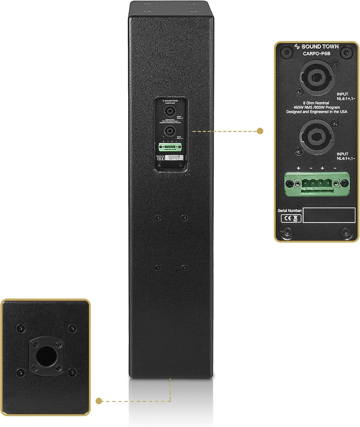 Sound Town High-Power 900W Passive Column Line Array Speakers with 4x5-inch Woofers, Dual Compression Drivers, Birch Plywood, Wall Mount for Installations, Conference, Black (CARPO-P6B)