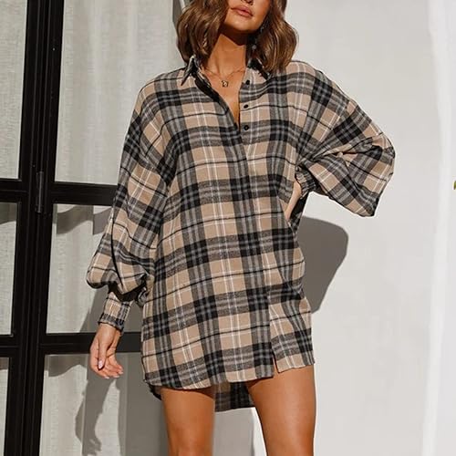 Miniatura 2 de Camisa de gran tamaño a cuadros con botones para mujer, para otoño, holgada, de manga larga, con cuello alto, elegante, cómoda, ropa