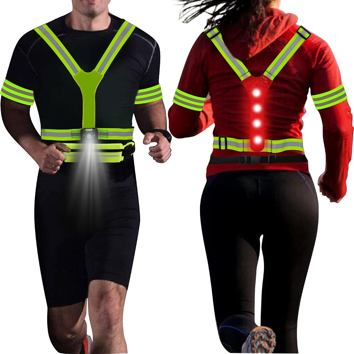 Lighting LED Reflective Vest Running Light Set, Adjustable Safety Vest, Gear Armbands, Belt Bag with Earphone Hole for Night Running, Motorcycle, Walking, Cycling and Dog Walking Sports