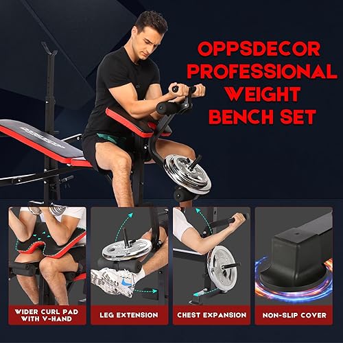 Miniatura 2 de OPPSDECOR ZWX1113 - Juego de banco de pesas 6 en 1 de 660 libras con estante para sentadillas, banco de entrenamiento con extensión de piernas,