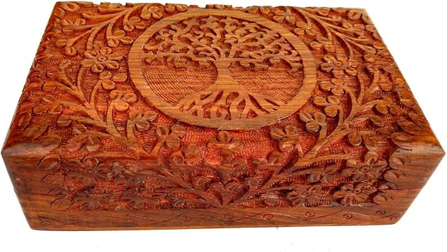 Ajuny Wooden Indian Handmade Carving Box Tree of Life Jewelry Storage Holder Perfect Gifts For Women 8x5x2.5 Inch