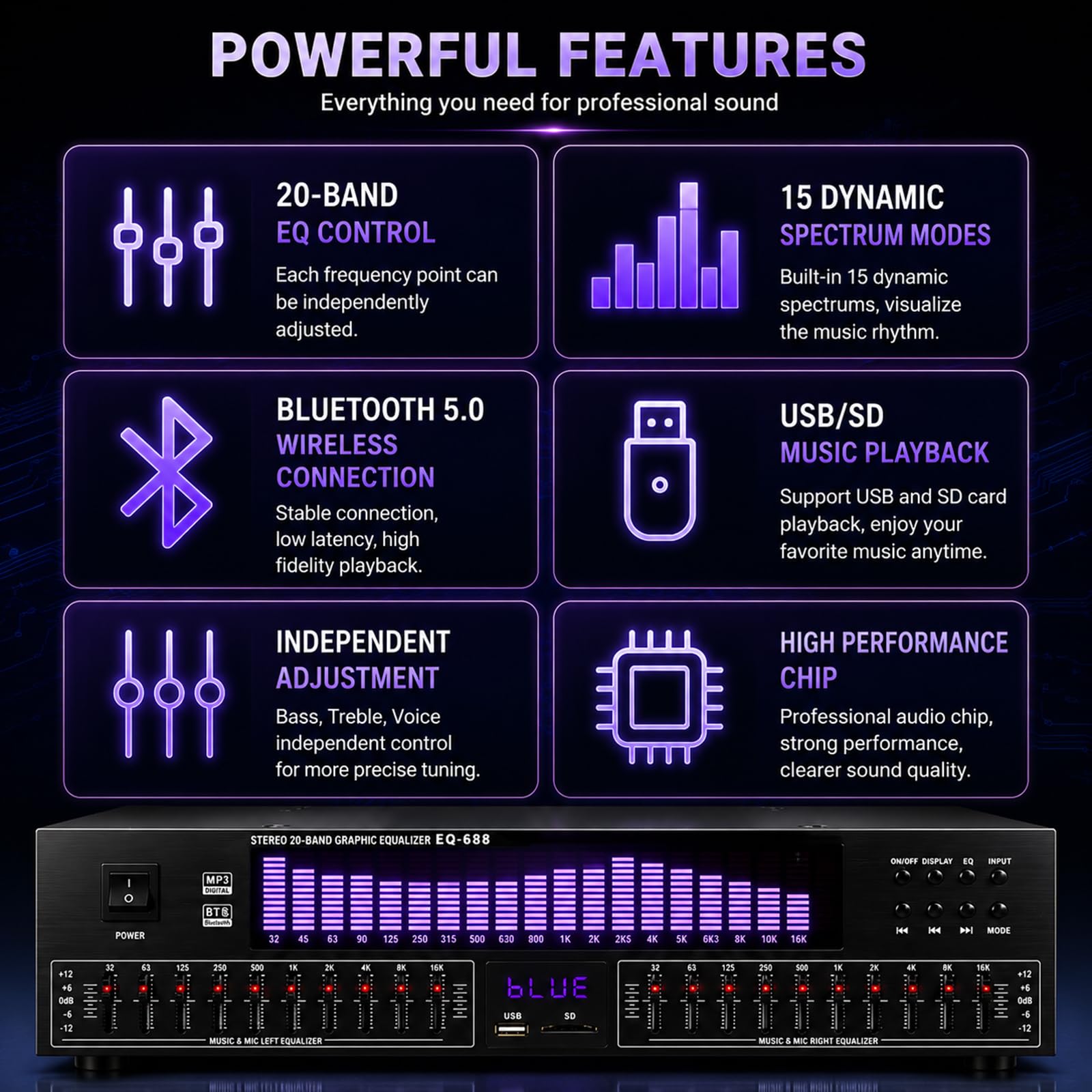 Égaliseur graphique stéréo, égaliseur numérique 20 bandes avec affichage LED, 15 modes dynamiques, télécommande, réduction du bruit pour studio et audio domestique