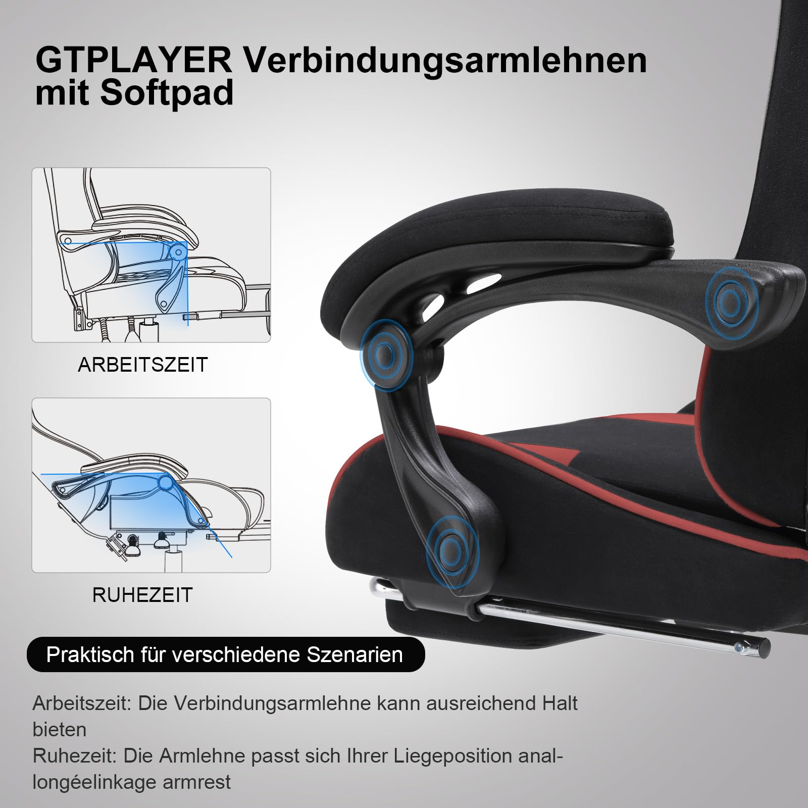 GTPLAYER Gaming Stuhl Stoff, Bürostuhl Massage Gaming Sessel Ergonomischer Gamer Stuhl mit Fußstütze, Kopfstütze Massage-Lendenkissen, Gepolstert Gaming Chair, Drehsessel, rot