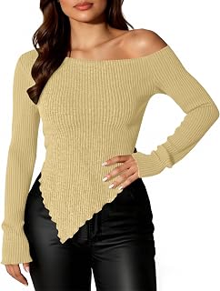 Off The Shoulder Tops for Women Fall Fashion Long Sleeve Shirts Going Out Slim Fitted Blouses Y2K Clothes Tunics