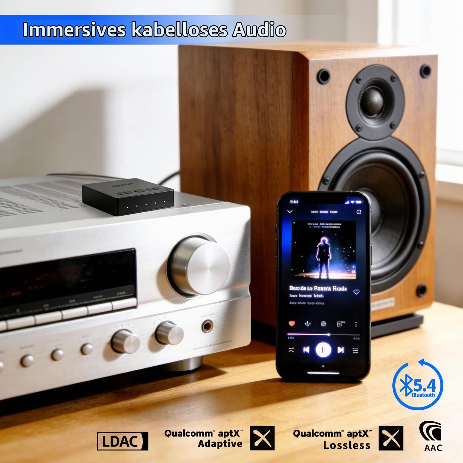 eppfun Auracast & Bluetooth 5.4 Adapter für Stereoanlage mit LDAC APTX-Lossless Dekodierung, Bluetooth Empfänger mit Optical/Cinch/3.5mm Aux, für Lautsprecher Verstärker