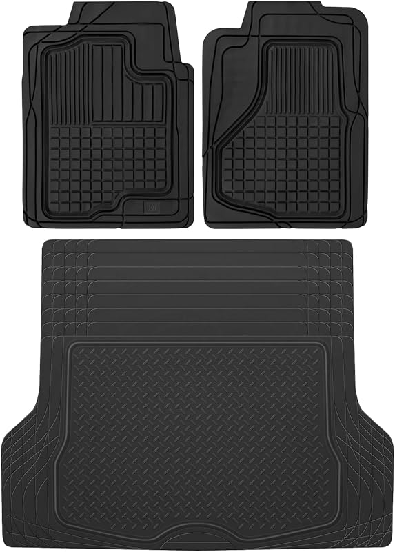 CAT® Large 2-Piece Heavy Duty All Weather Rubber Car Floor Mats, Universal Fit Trim-to-Fit Front Set with Trunk Cargo Mat Liner for Car Truck SUV Van, Easy-to-Clean Tailgate Mat Protection - Black
