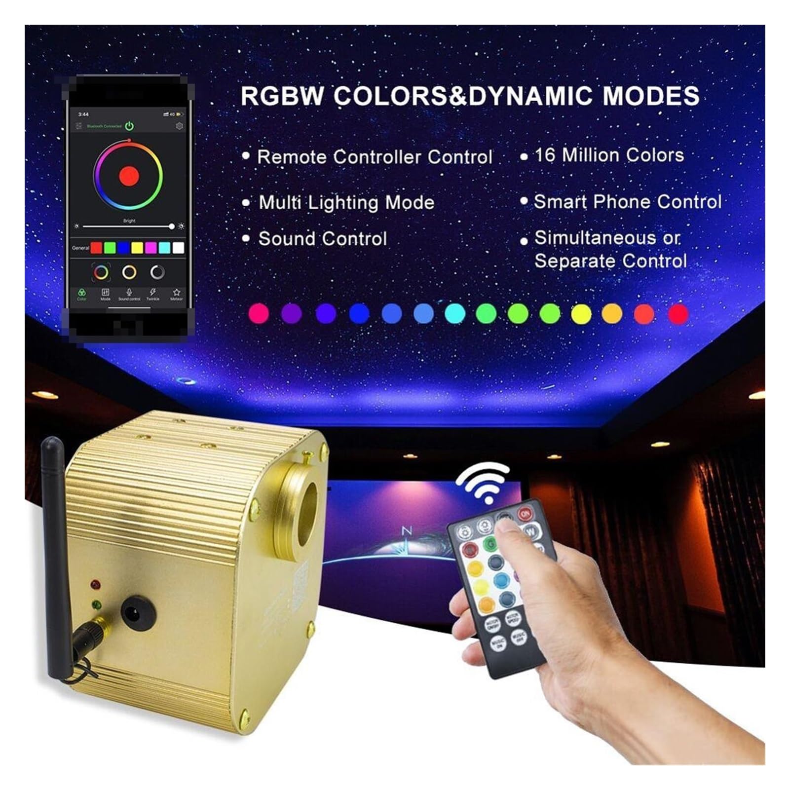 Motor de luz de Fibra óptica LED Kits de iluminación Techo Estrellado Fibra óptica 16W Bluetooth App Control música Inteligente for la luz del Sala niño Coche(Mixed 430strands 4M)