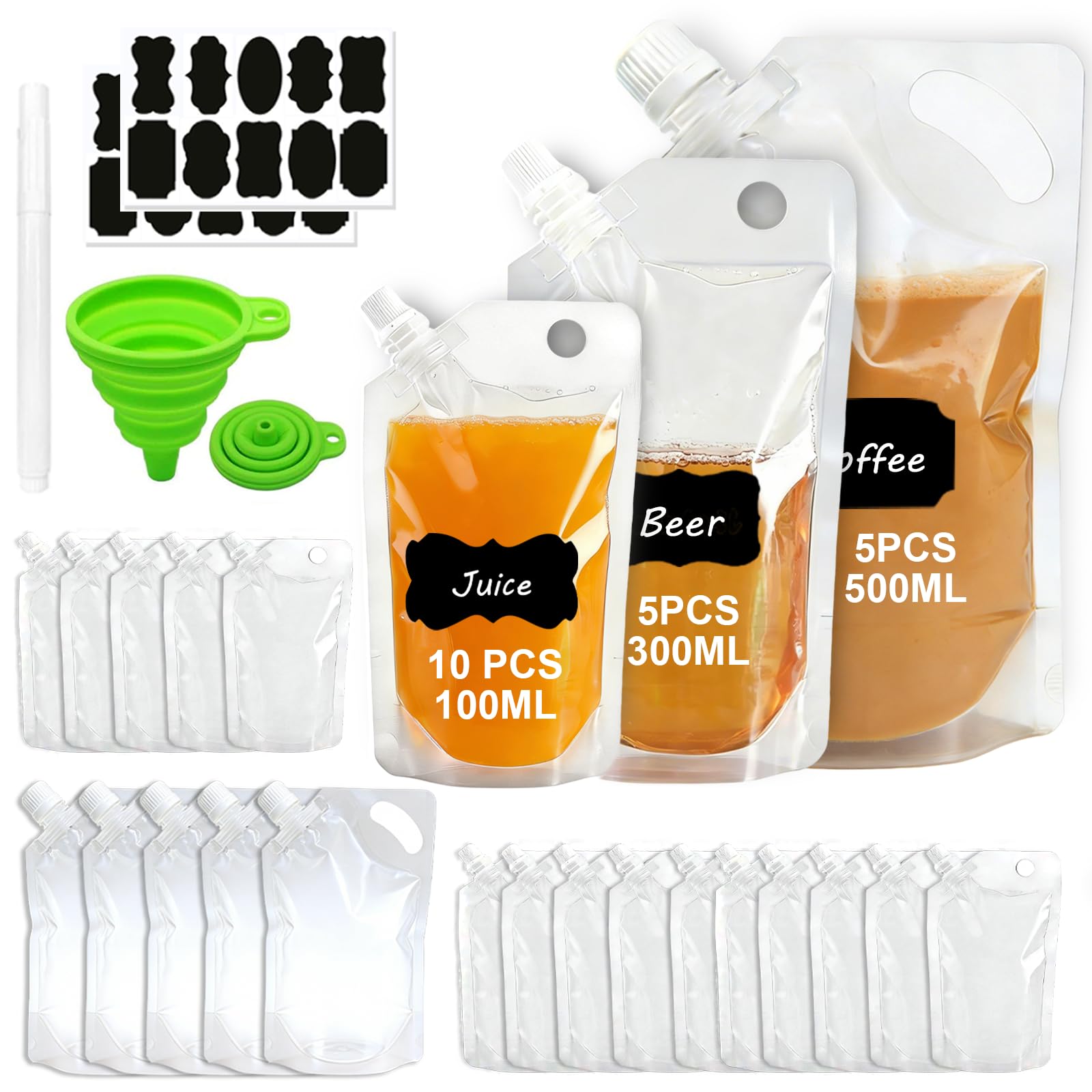 20pcs Refillable Drink Pouches for Festivals 3 Sizes Clear Alcohol Pouches Juice Bags Liquid Containers Perfect for Party Travel Camping Cold Drinks