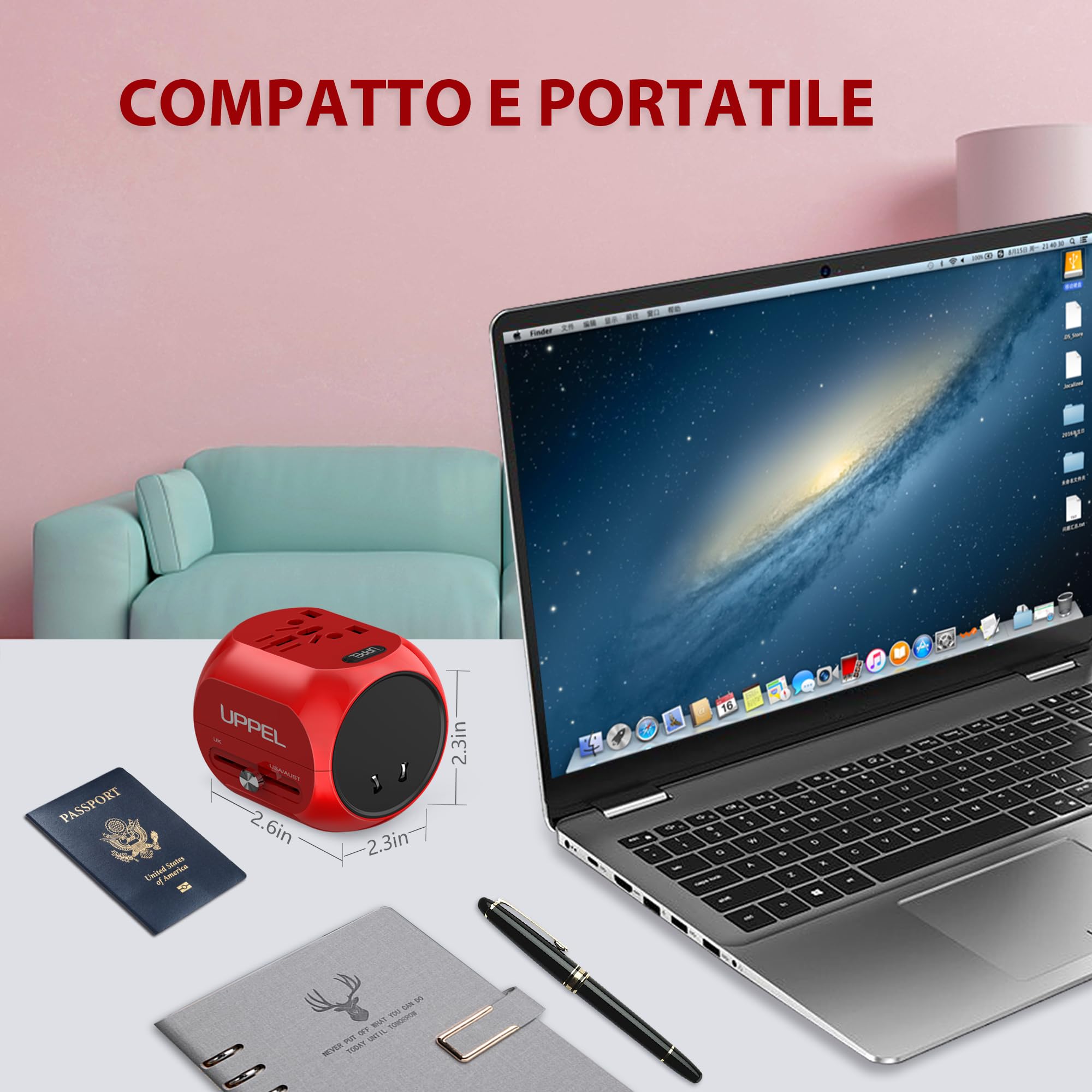 Milool Adattatore Universale da Viaggio con QC3.0 Quick Charge 2 Porte USB 3.0 e 1 Interfaccia Type-C US/EU/UK/AU in One Caricatore Multifunzioni per Oltre 180 Paesi, 2 Fuse (Spare Fuse) -Rosso