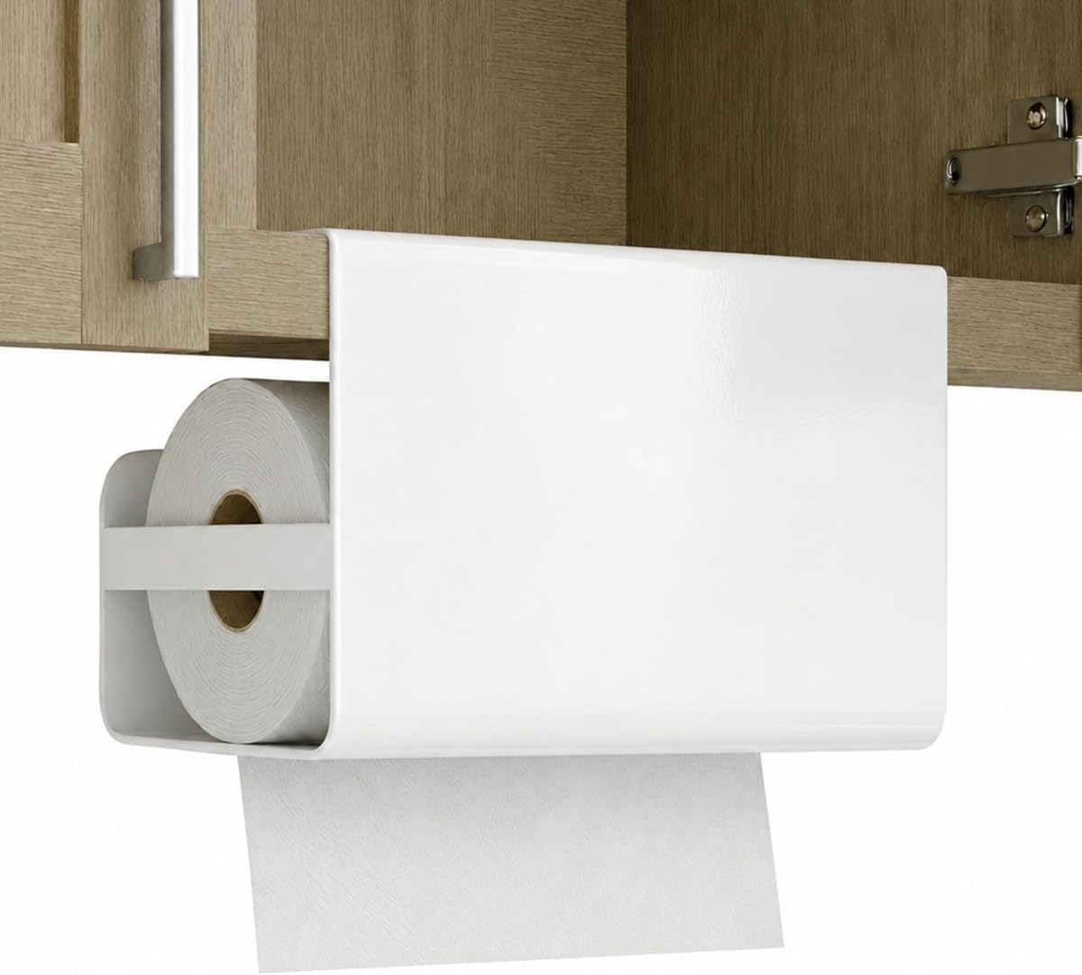 Soporte para toallas de papel, debajo del gabinete, autoadhesivo sin taladro, rasgado con una sola mano, dispensador de rollos de cocina de acero resistente, ahorro de espacio, blanco, almacenamiento y organización de la cocina