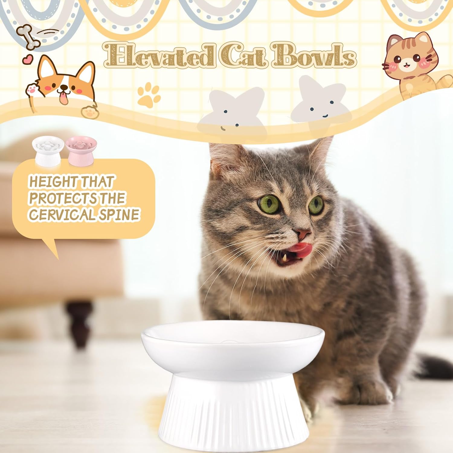 Layhit 2 Pack Raised Slow Feeder Cat Bowls Ceramic Elevated Cat Food Bowls Anti Vomiting Slow Feeder for Dog and Kitten for Dry and Wet Food(Pink, White)