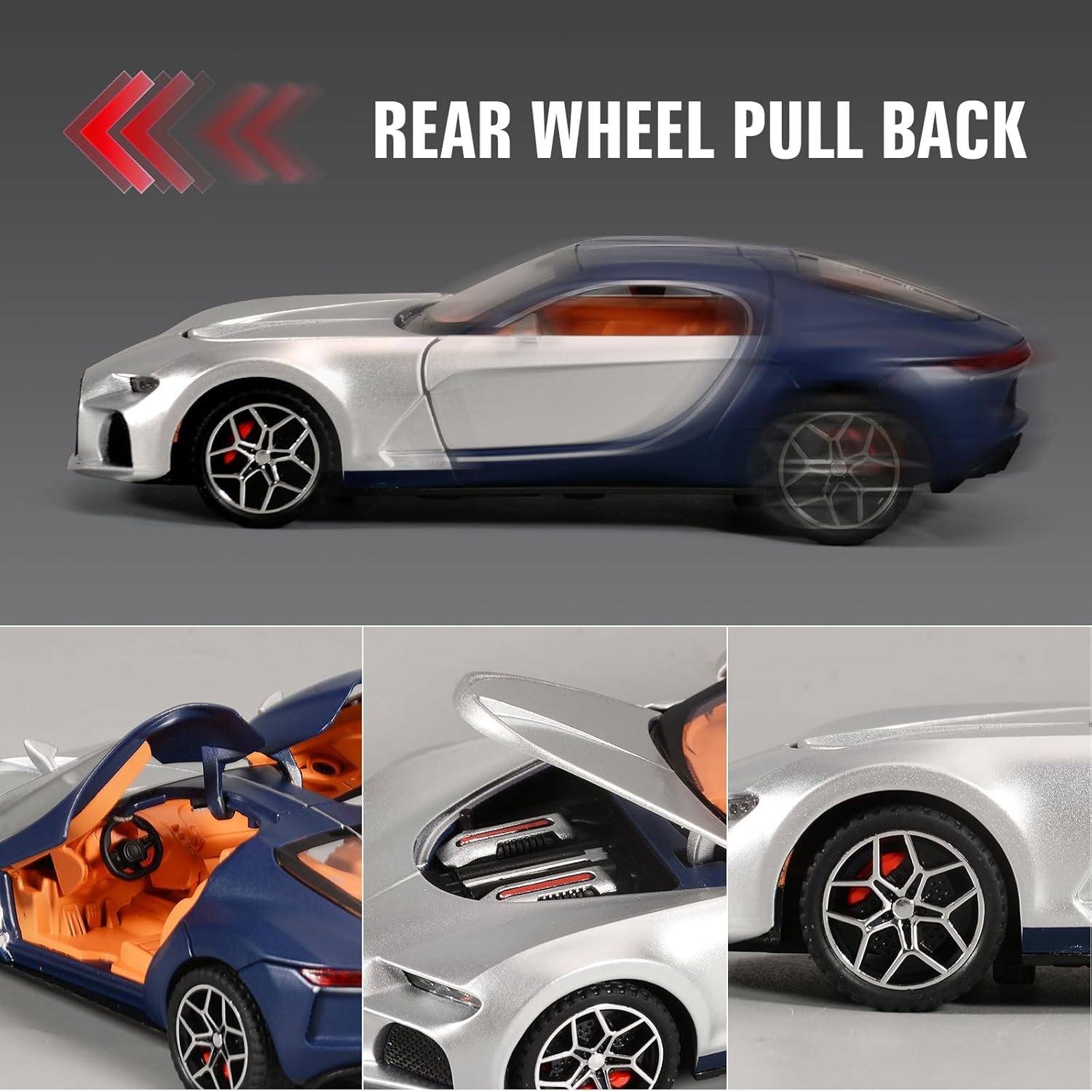 Car Toys for Boys 1/32 Diecast Cars Model Car Kits Collection Die Cast Metal Toy Cars for 3+ Years Old Kids Pull Back Sports Car with Light and Sound Toy Cars for Boys Age 4-7（Silver Blue）