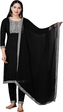 Indian Womens Tunic Tops Straight Rayon Black Kurtis Pant Sets W Chiffon Dupatta/A-Line Kurti Tunics