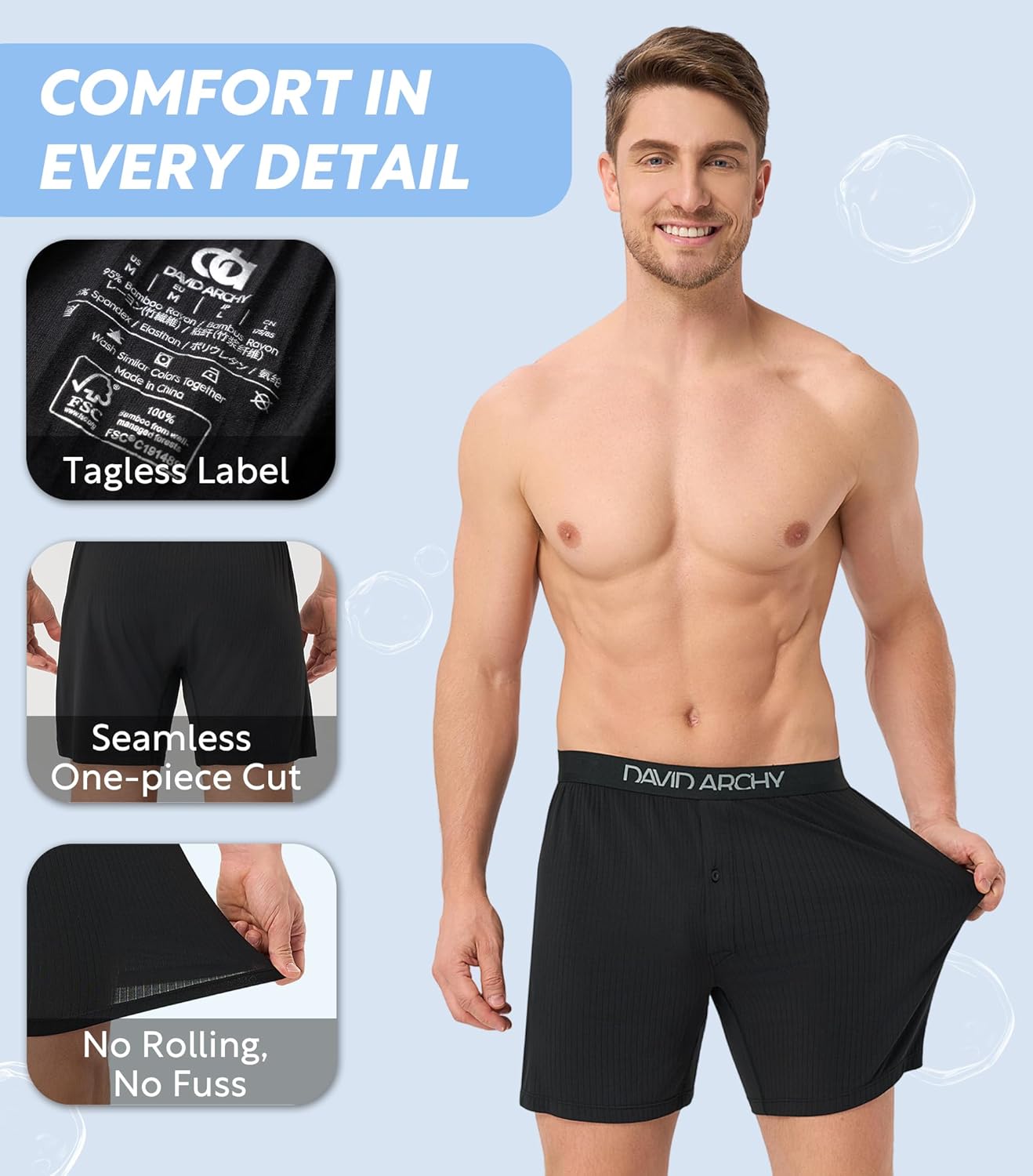 DAVID ARCHY Men's Underwear Bamboo Rayon Boxers Breathable Textured Knit Boxer Shorts Cooling Pajama Shorts 3 or 5 Pack - Image 2