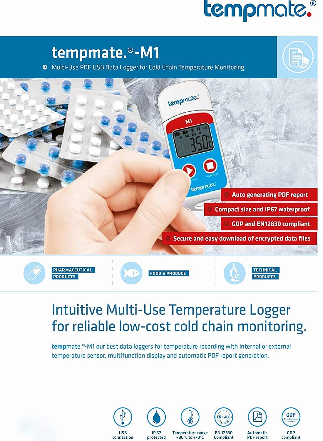 *En tus manos en 2 días* Registrador de temperatura multiusos (-22 °F a 158 °F) para cadenas de frío, productos farmacéuticos, cajas de vacunas, bancos de sangre, |Tempmate M1|