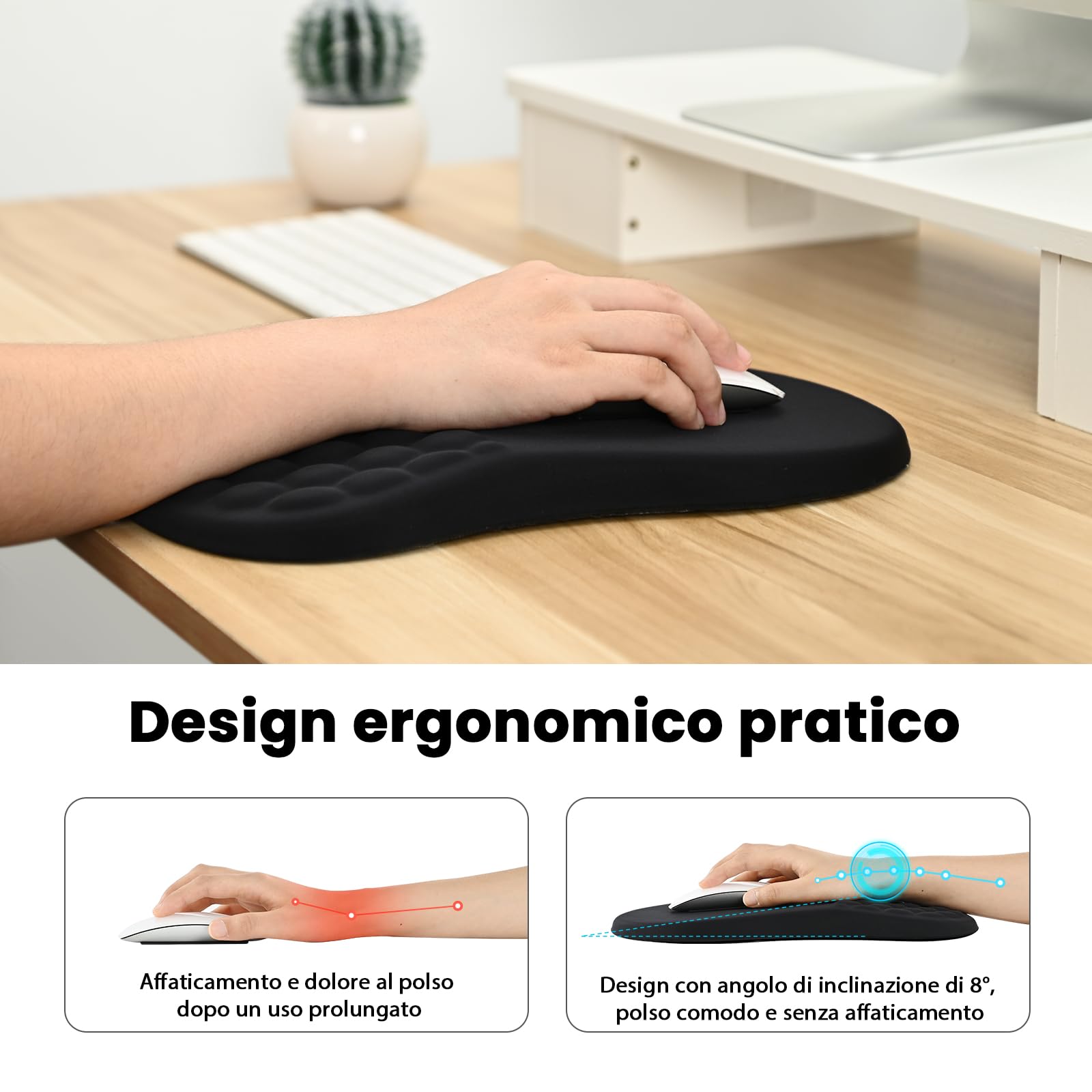 EooCoo Tappetino per Mouse con Supporto Polso e Design Massaggio, Comodo Ergonomico Mouse Pad, Tappetino Mouse Poggiapolsi con Schiuma di Memoria e Base in Silicone Antiscivolo, 12x8 pollici, Nero