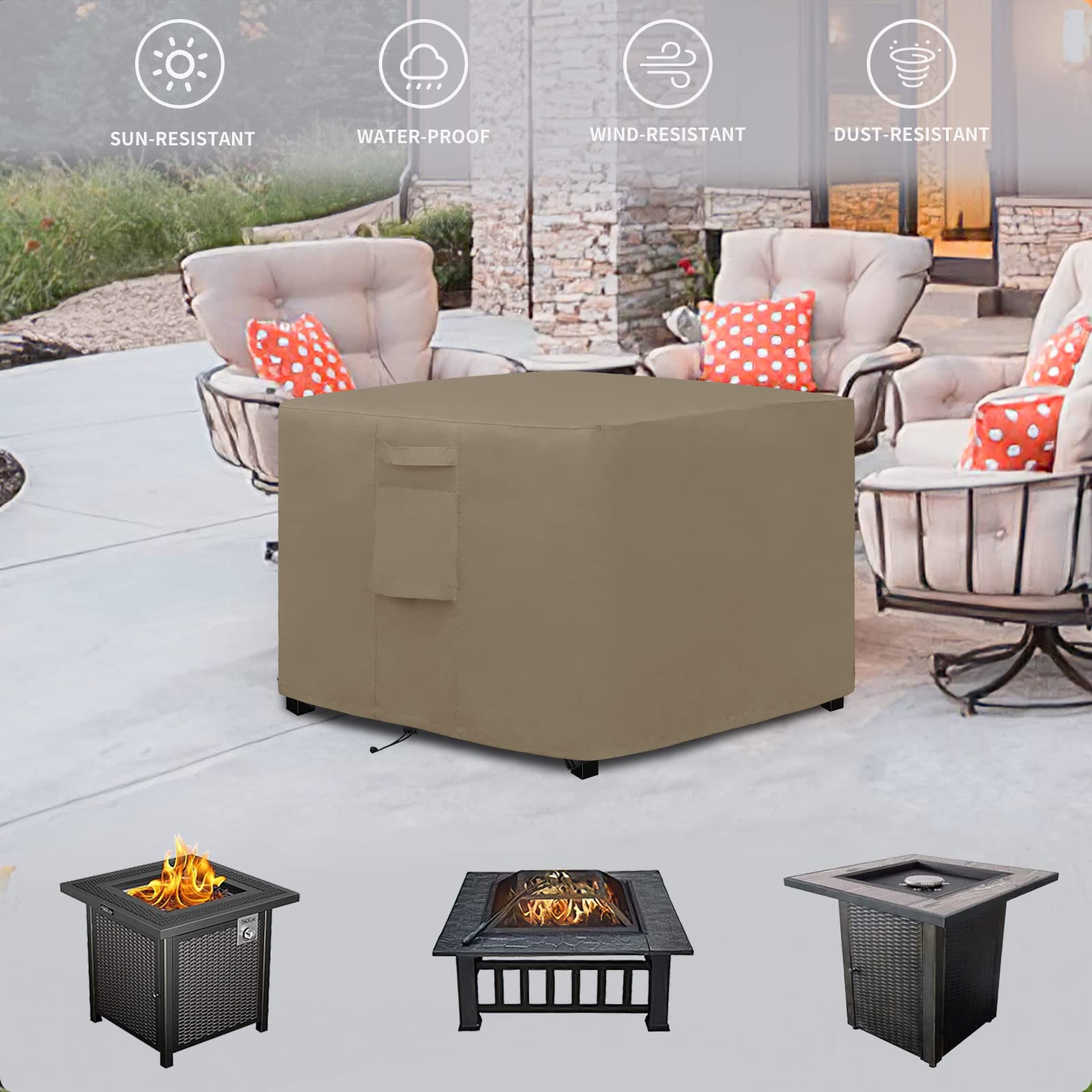 Easy-Going Copertura quadrata per braciere da esterno, 100 cm x 110 cm x 24 cm H, resistente copertura per focolare a gas per esterni, impermeabile e resistente alle intemperie per braciere, cammello