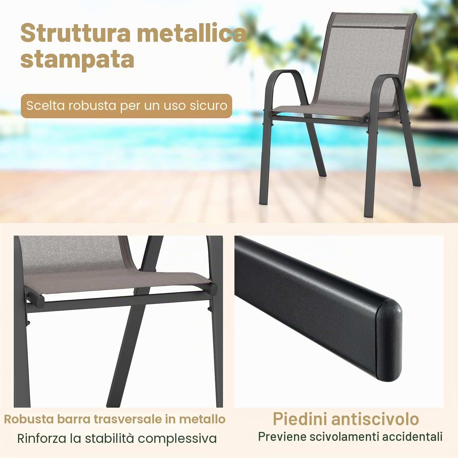 FANTASK Sedie da giardino impilabili, da terrazza, da balcone in textilene e struttura in metallo, set da 4 sedie impilabili con braccioli, portata fino a 150 kg, 56 x 70 x 84 cm (grigio)