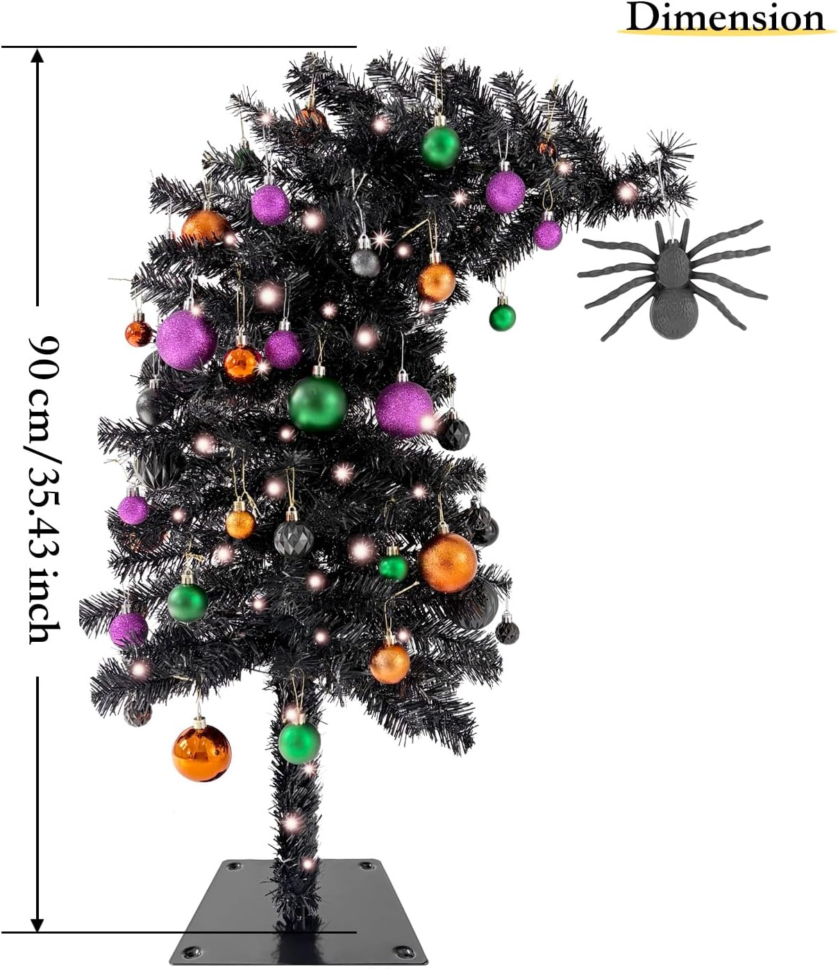 3ft Prelit Black Tinsel Halloween Tree Decorations with 50 Orange Led Lights,Halloween Light Up Trees, Christmas Xmas Lighted Pencil Tree with 158 Tips,Spider Ornament,Metal Stand,Plug-in