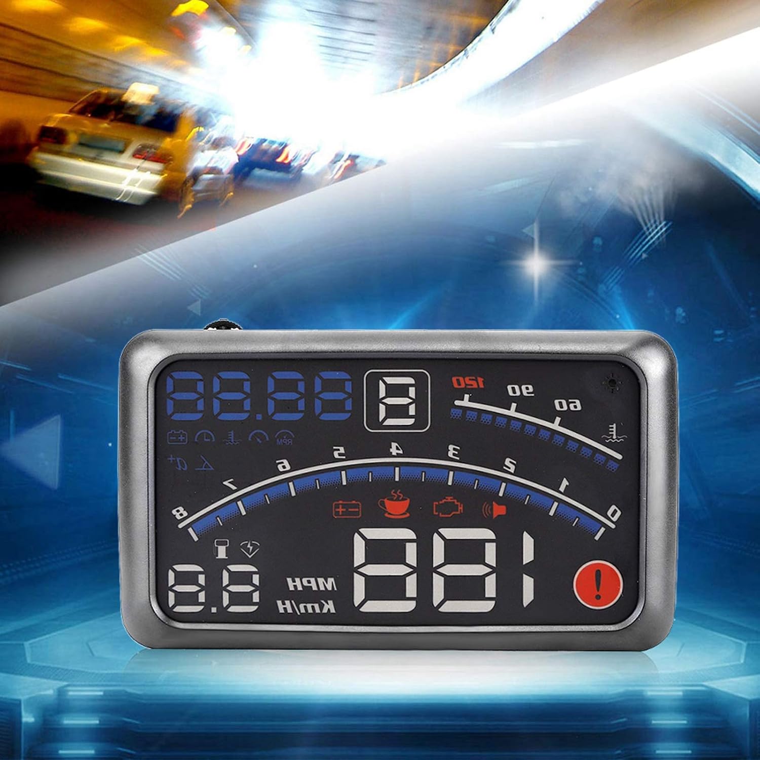 Package contents of the HUD display including the unit, OBD cable, reflecting film, anti-slip pad, and user manual.